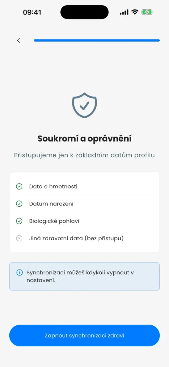 Obrazovka Soukromí a oprávnění s hmotností, datem narození a biologickým pohlavím