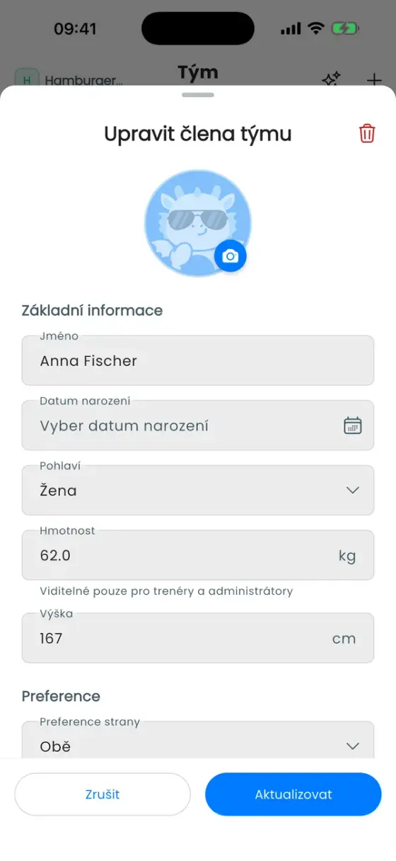 Okno Upravit člena týmu s fotkou, jménem, datem narození, pohlavím, hmotností a výškou