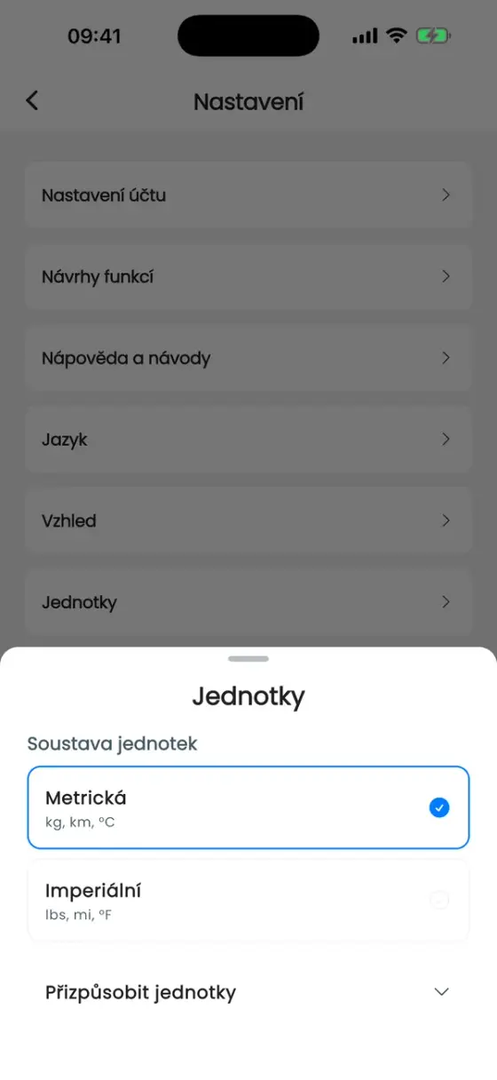 Okno Jednotky s Metrickou a Imperiální a sekcí Přizpůsobit jednotky