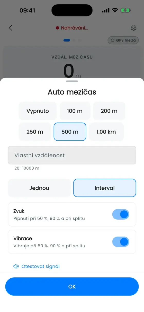 Okno Auto mezičas s možnostmi vzdálenosti, vybraných 500 m, vlastní vzdálenost, Interval a Jednou a přepínače pro zvuk a vibrace