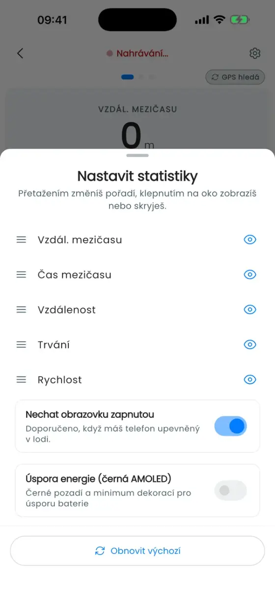 Okno pro řazení a skrývání živých údajů s volbou Nechat obrazovku zapnutou a úsporným režimem