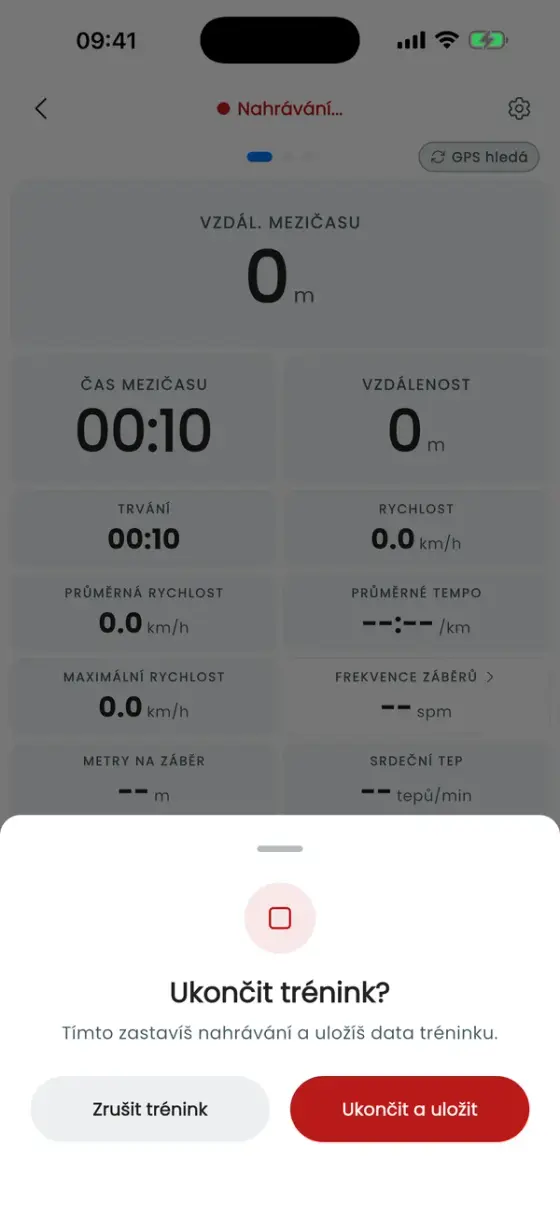 Okno Ukončit trénink? s Ukončit a uložit
