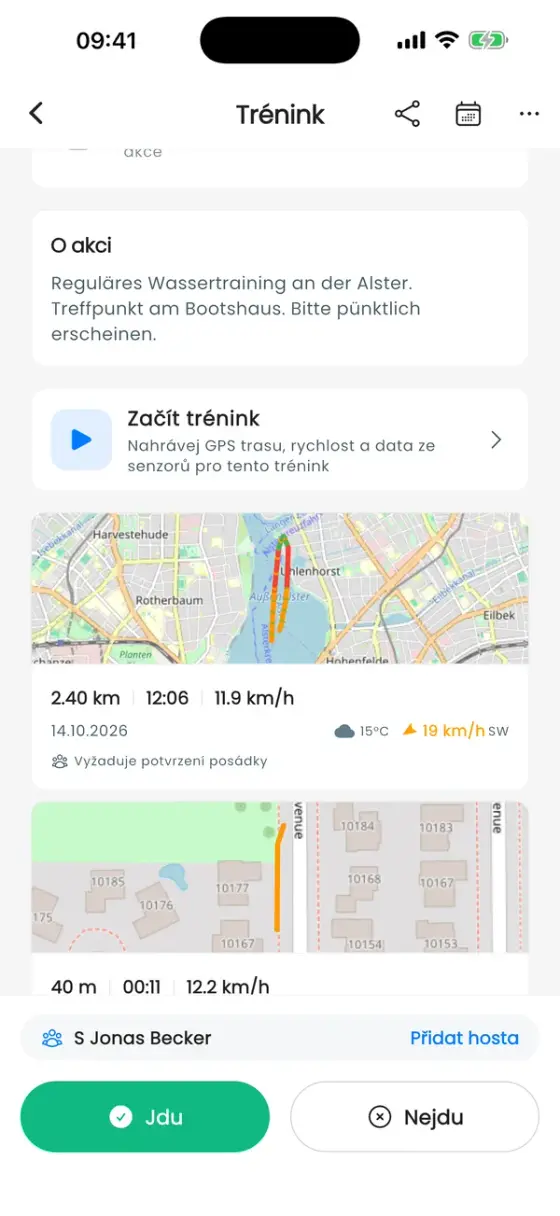 Stránka tréninku s kartou nahrávky s náhledem trasy, 2,40 km, 12:06 a 11,9 km/h
