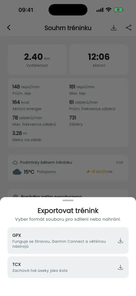Okno Exportovat trénink s GPX a TCX