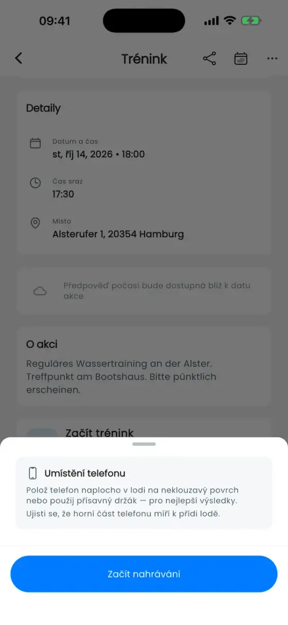 Tipy k umístění telefonu a tlačítko Začít nahrávání