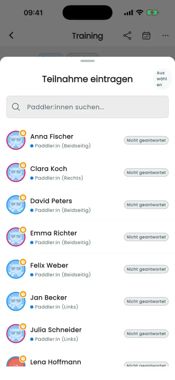 Teilnahme eintragen mit allen Paddler:innen und dem Status Nicht geantwortet