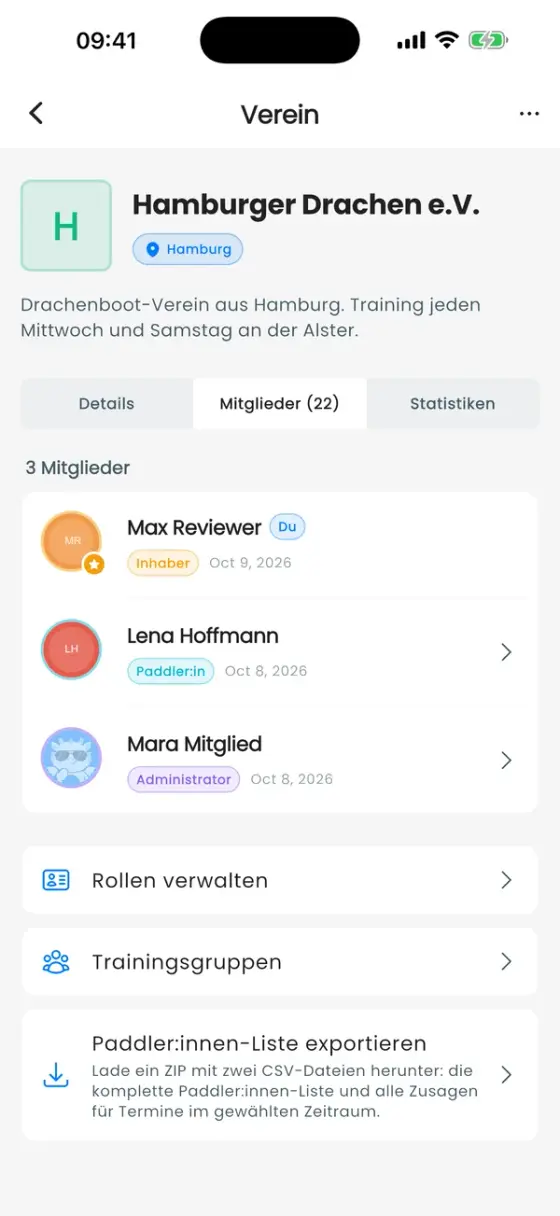 Vereinsseite, Tab Mitglieder, mit Rollen-Badges und darunter Rollen verwalten, Trainingsgruppen und Paddler:innen-Liste exportieren
