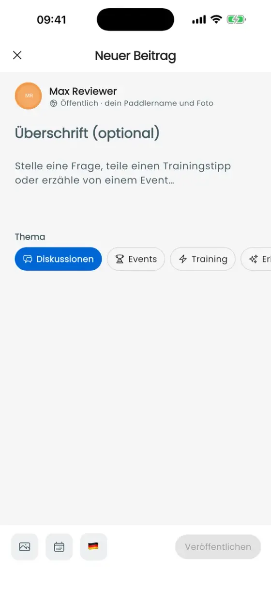 Community-Editor mit Thema, Textfeld, Fotos, Veranstaltung und Sprache deines Beitrags