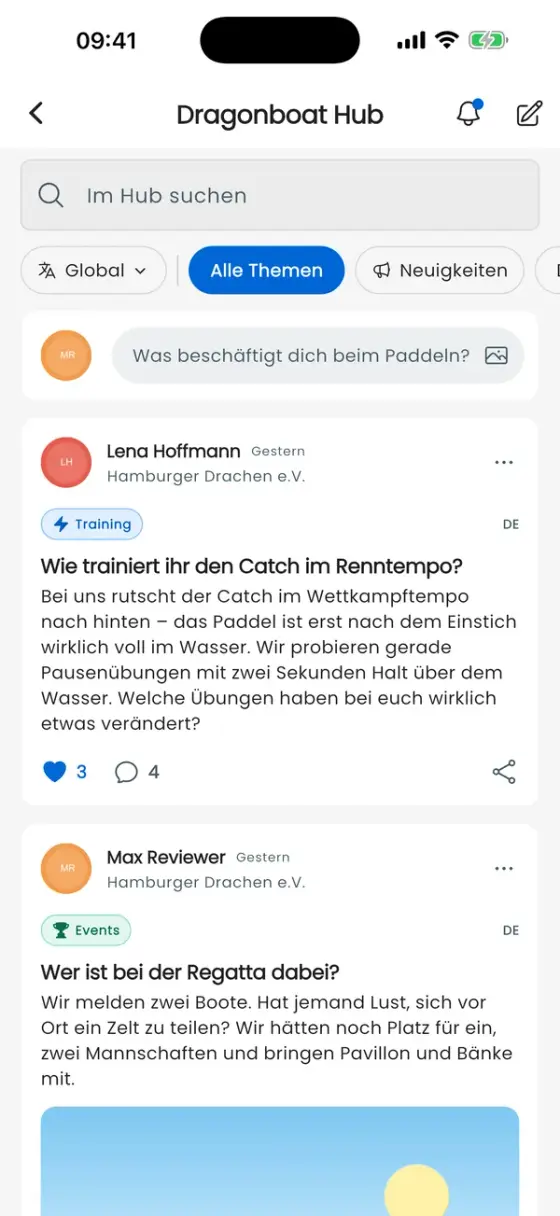 Öffentliche Beitragsübersicht mit Suche, Sprachfilter, Themen und Beiträgen