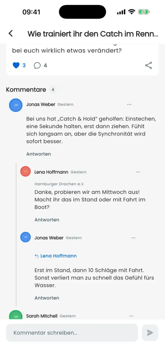 Geöffneter Community-Beitrag mit Kommentaren und Antwortfeld