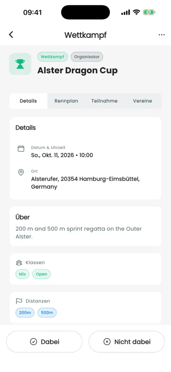 Wettkampfseite mit Datum, Ort, Klassen und Distanzen