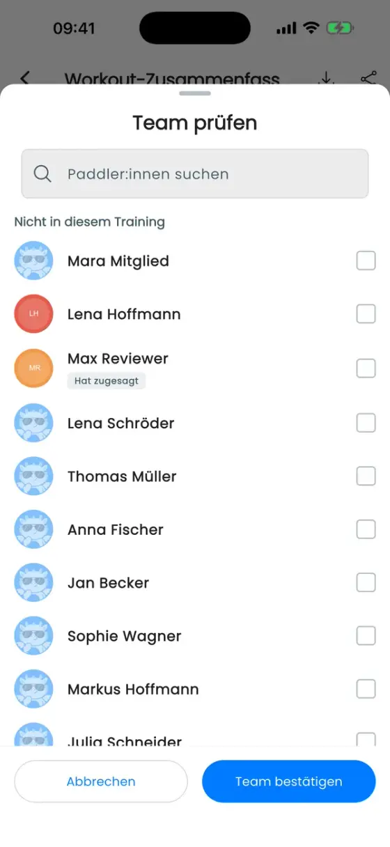 Team prüfen mit Paddler:innen, Badges Hat zugesagt und dem Button Team bestätigen