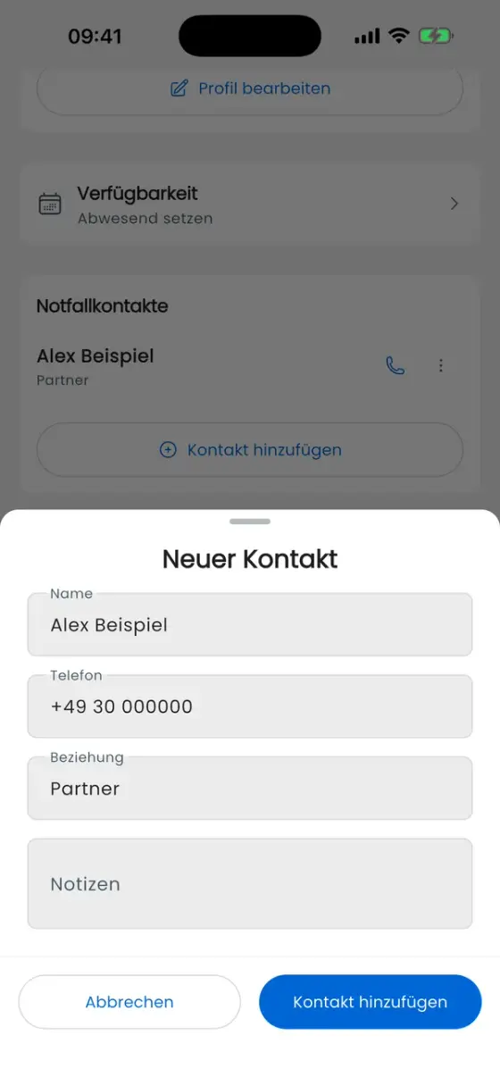 Formular Neuer Kontakt mit Name, Telefon, Beziehung und Notizen