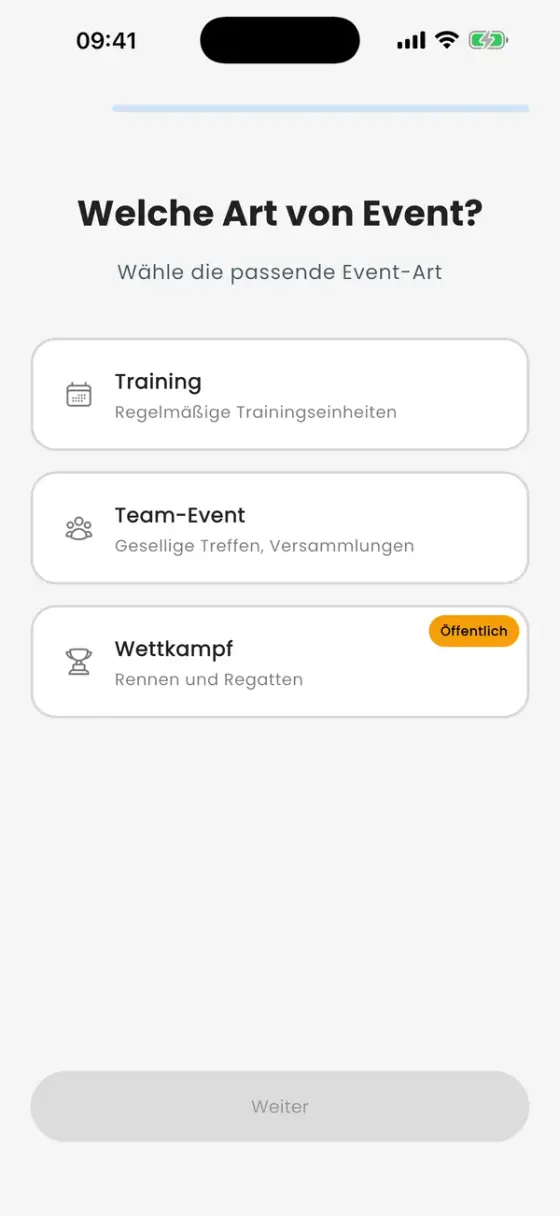 Welche Art von Event? mit Training, Team-Event und Wettkampf