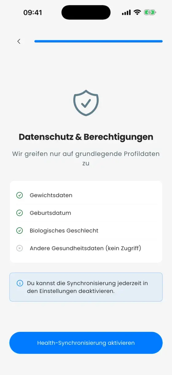 Seite Datenschutz & Berechtigungen mit Gewichtsdaten, Geburtsdatum und biologischem Geschlecht