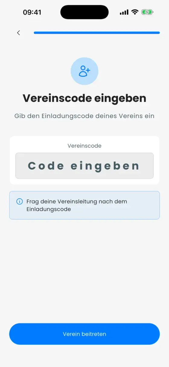 Der Bildschirm Vereinscode eingeben mit Codefeld und dem Button Verein beitreten