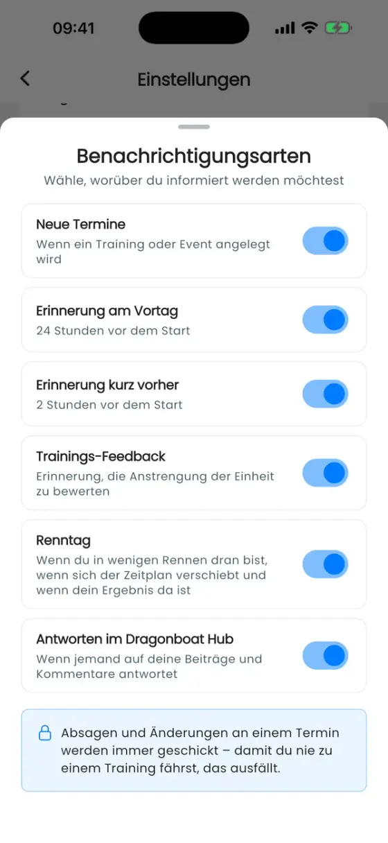 Benachrichtigungsarten mit Schaltern für neue Termine, Erinnerungen, Trainings-Feedback, Renntag und Hub-Antworten