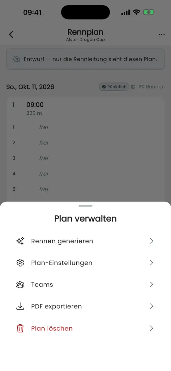 Plan verwalten mit Rennen generieren, Plan-Einstellungen, Teams, PDF exportieren und Plan löschen
