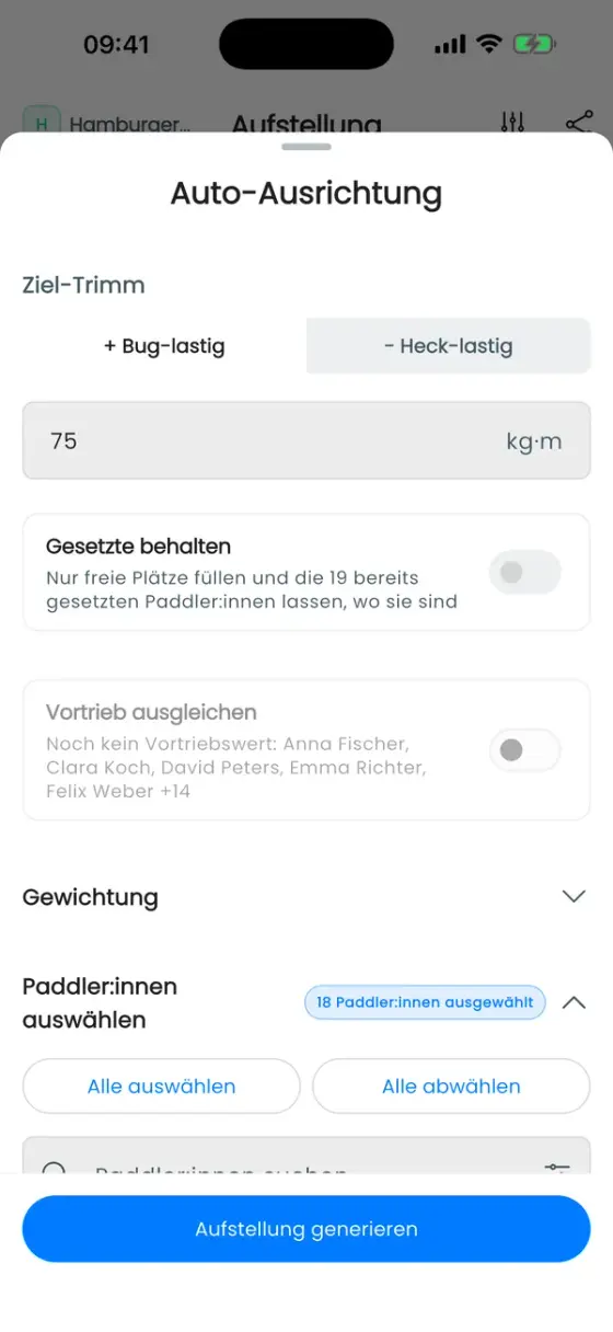 Auto-Ausrichtung mit Ziel-Trimm, Gesetzte behalten, Vortrieb ausgleichen und Paddler:innen auswählen
