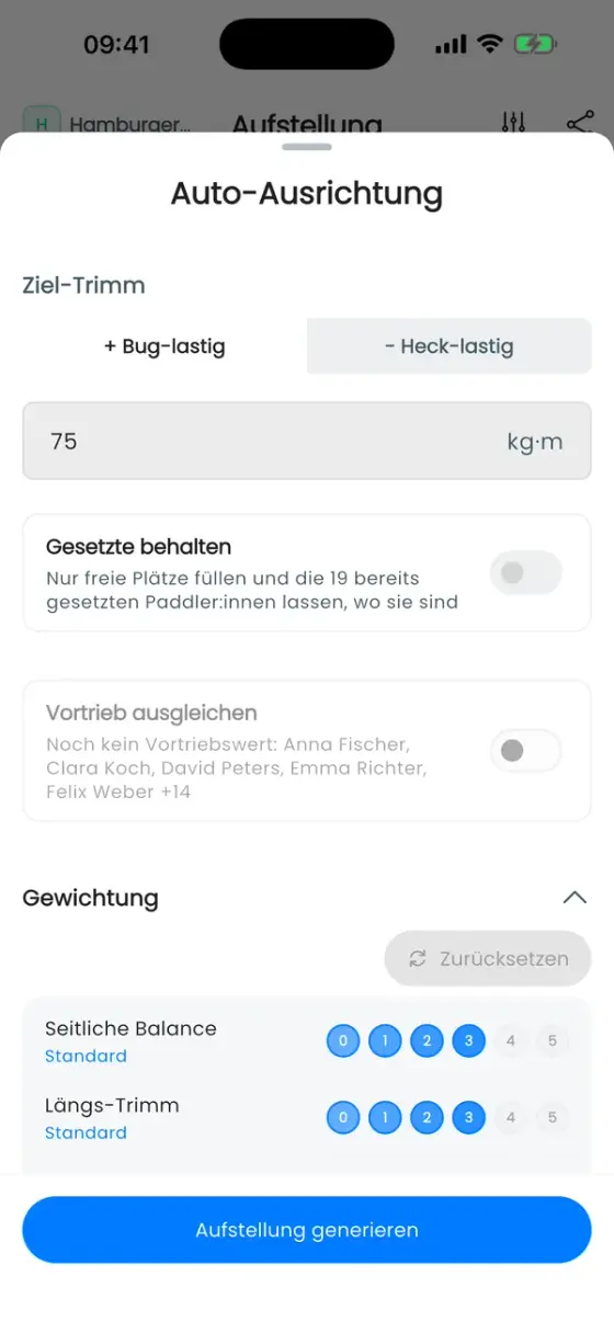 Bereich Gewichtung mit fünf Regeln, alle auf Standard