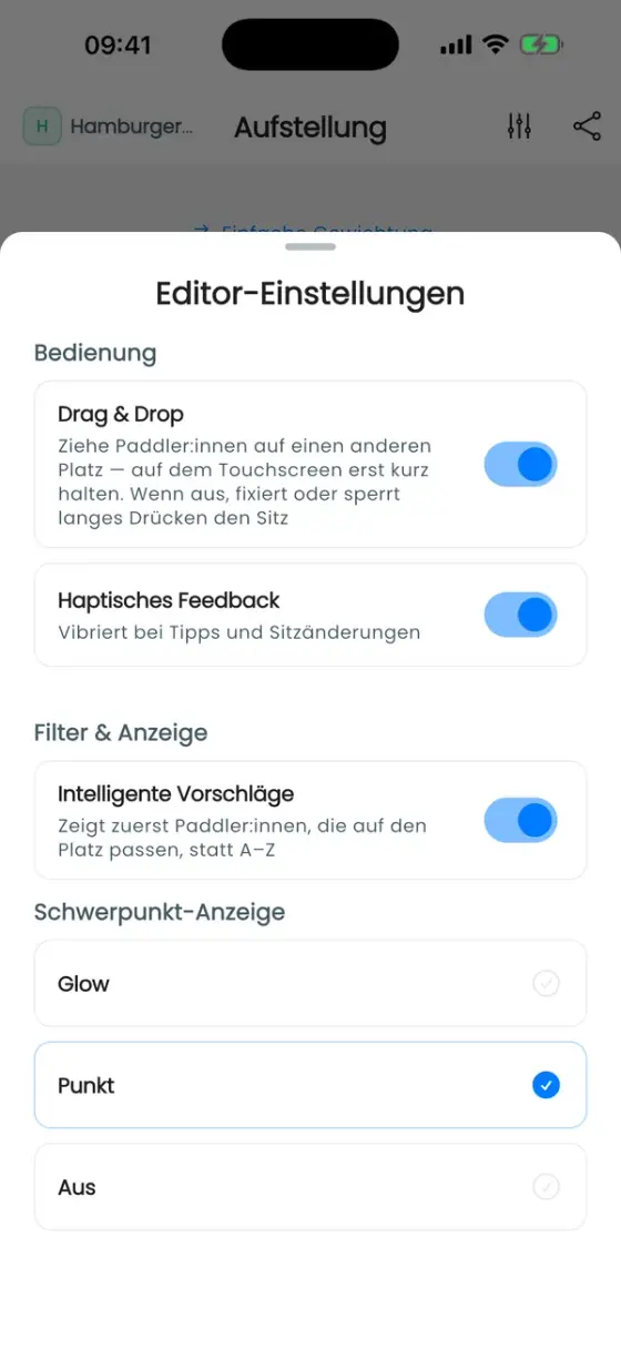 Editor-Einstellungen mit Drag & Drop, haptischem Feedback, intelligenten Vorschlägen und Schwerpunkt-Anzeige