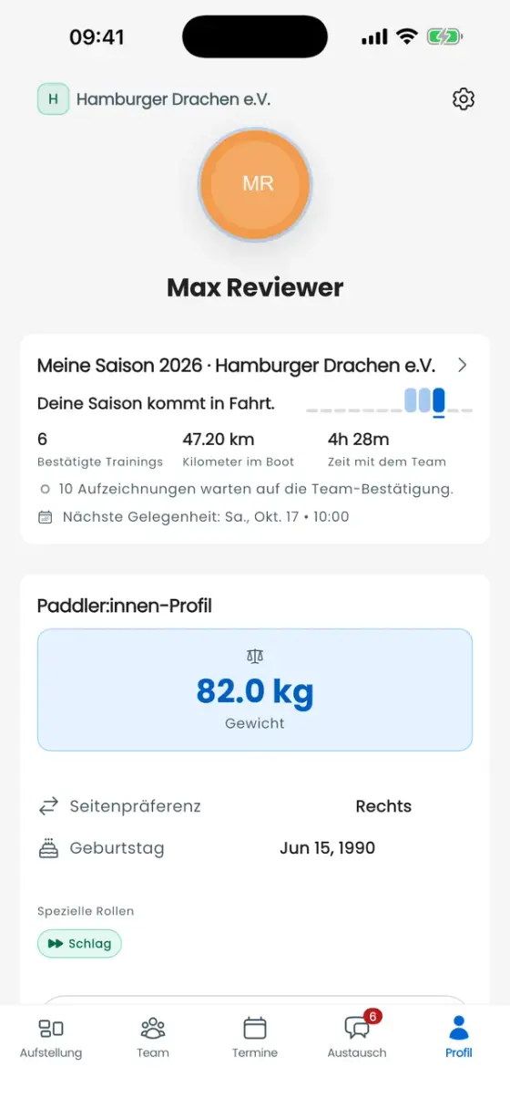 Profil mit der Karte Meine Saison, Vereinsname, Jahreswerten und Monatsübersicht