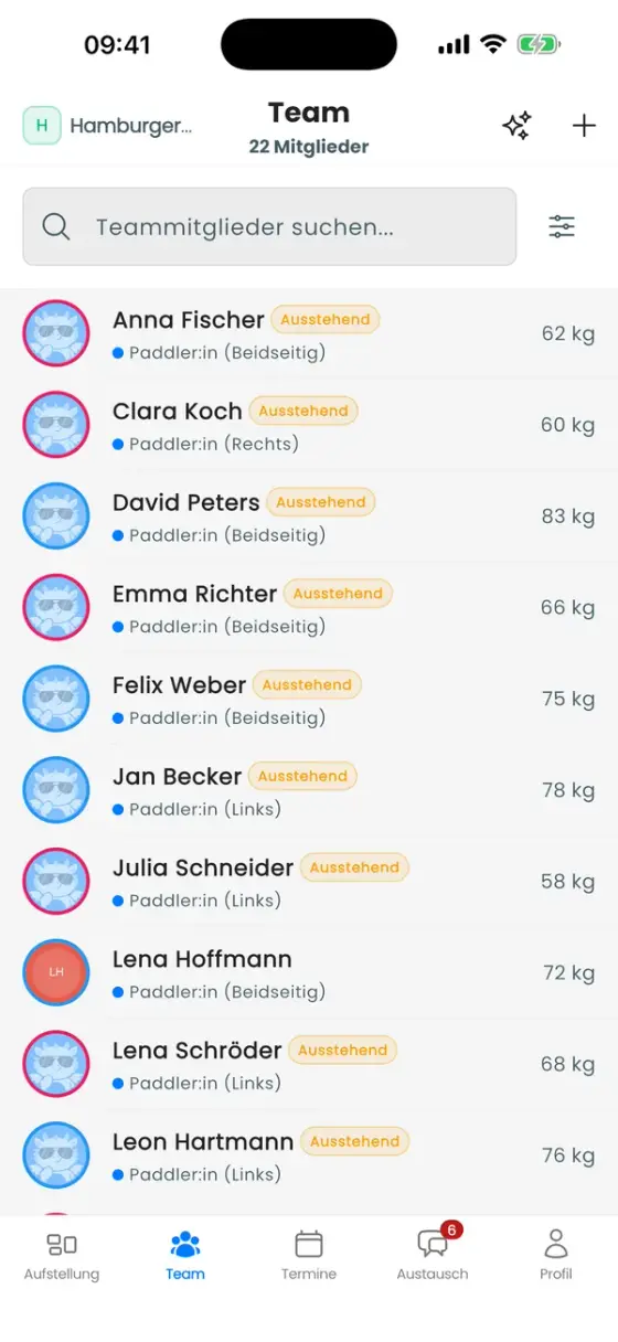 Team-Tab mit der Liste der Paddler:innen, Ausstehend-Badges und Gewichten