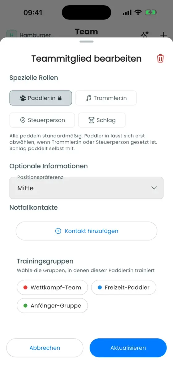 Spezielle Rollen mit Paddler:in, Trommler:in, Steuerperson und Schlag, darunter die Positionspräferenz