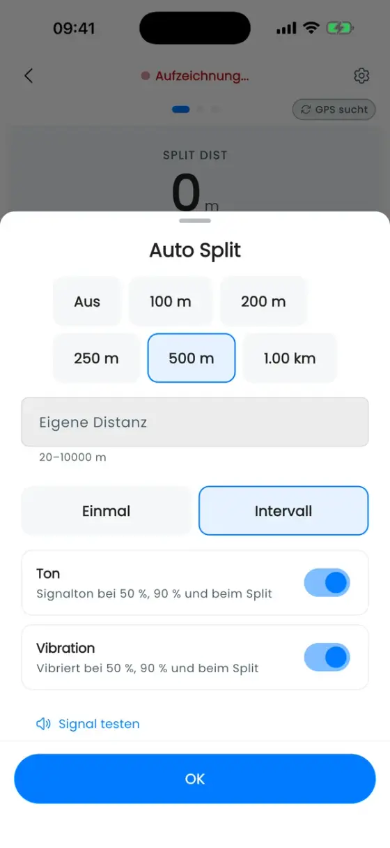Auto-Split-Fenster mit Distanzen, 500 m ausgewählt, eigener Distanz, Intervall und Einmal, und Schaltern für Ton und Vibration