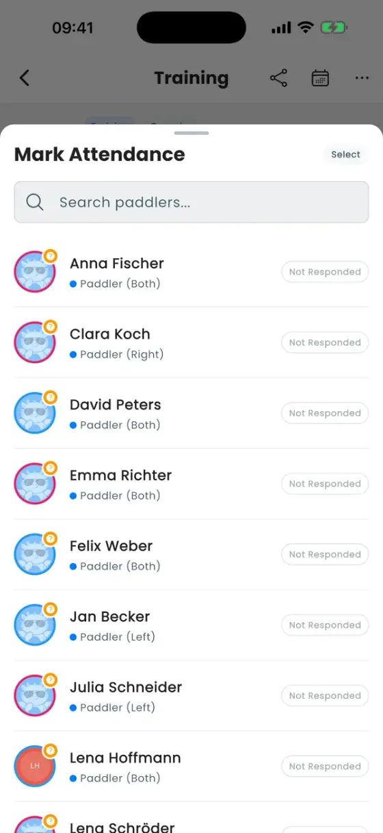 Mark Attendance sheet listing all paddlers with Not Responded status