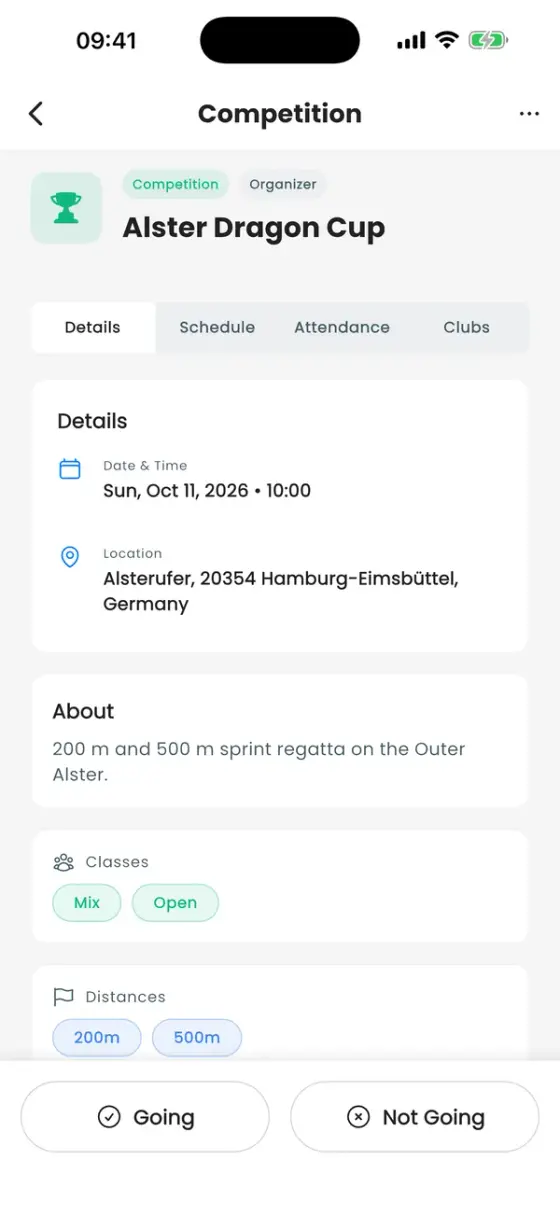 Competition detail page with date, location, classes and distances