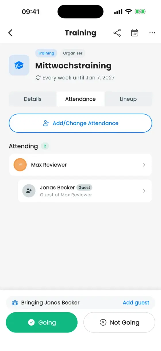 Attendance tab with Max Reviewer and his guest under Attending