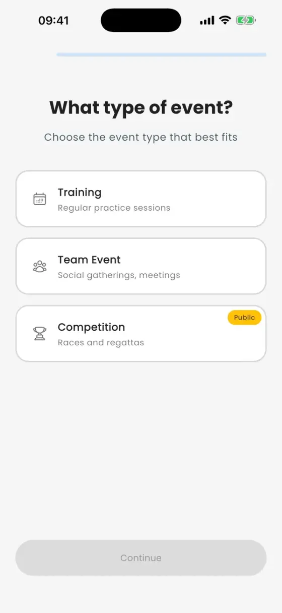 What type of event? screen with Training, Team Event and Competition