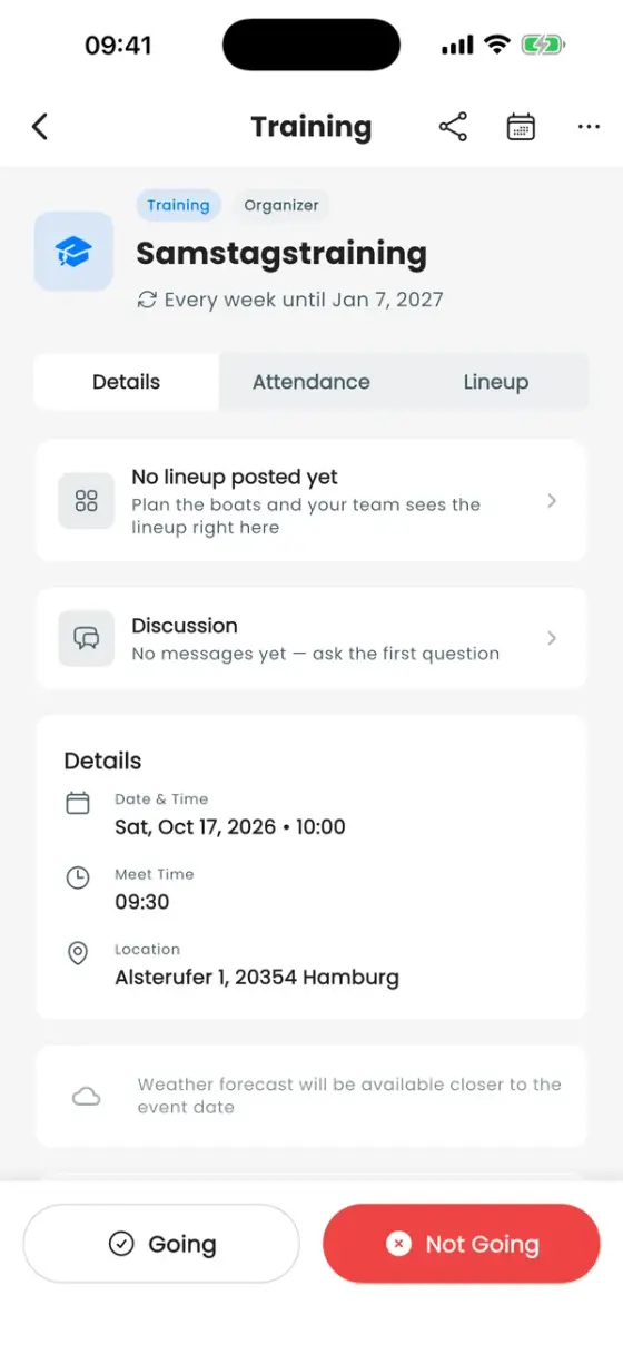 Training detail page with the Going and Not Going buttons at the bottom