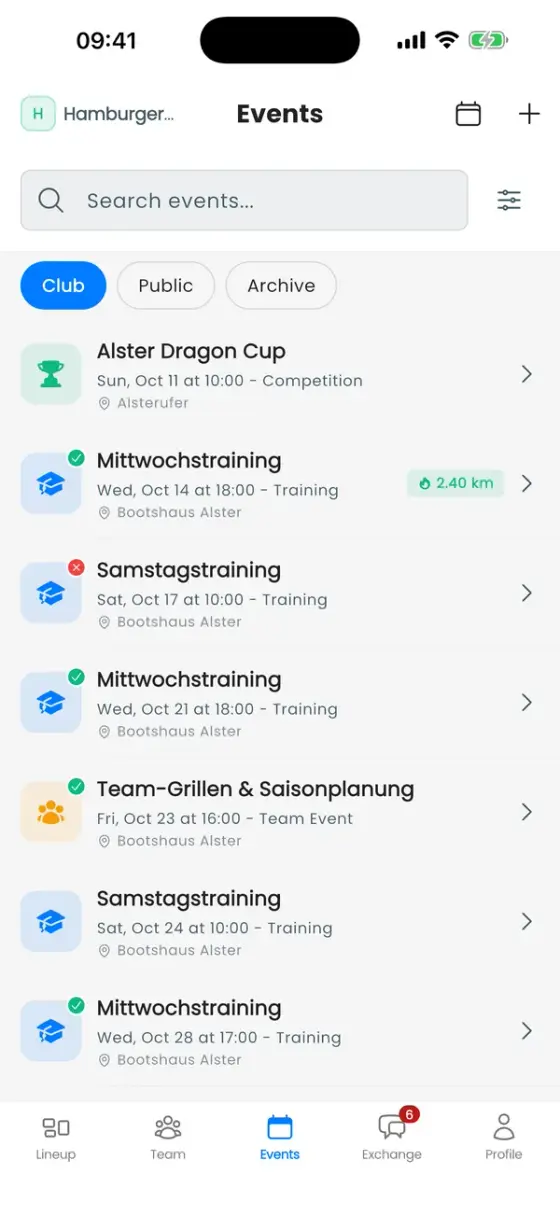 Events tab, Club list with upcoming trainings, a team event and a competition