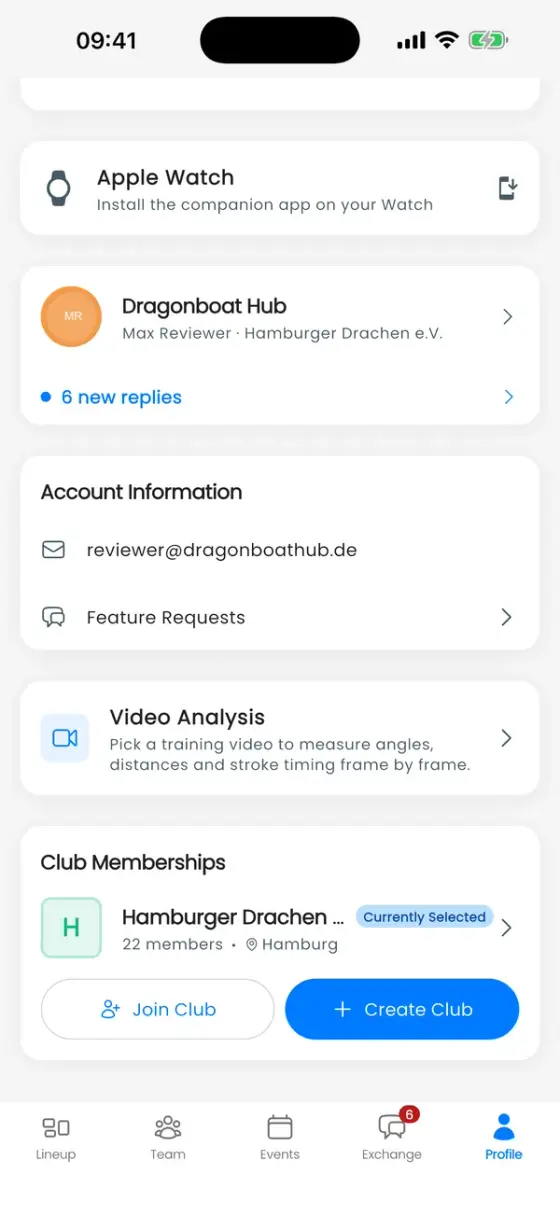 Záložka Profil sjetá dolů ke kartě Členství v klubech
