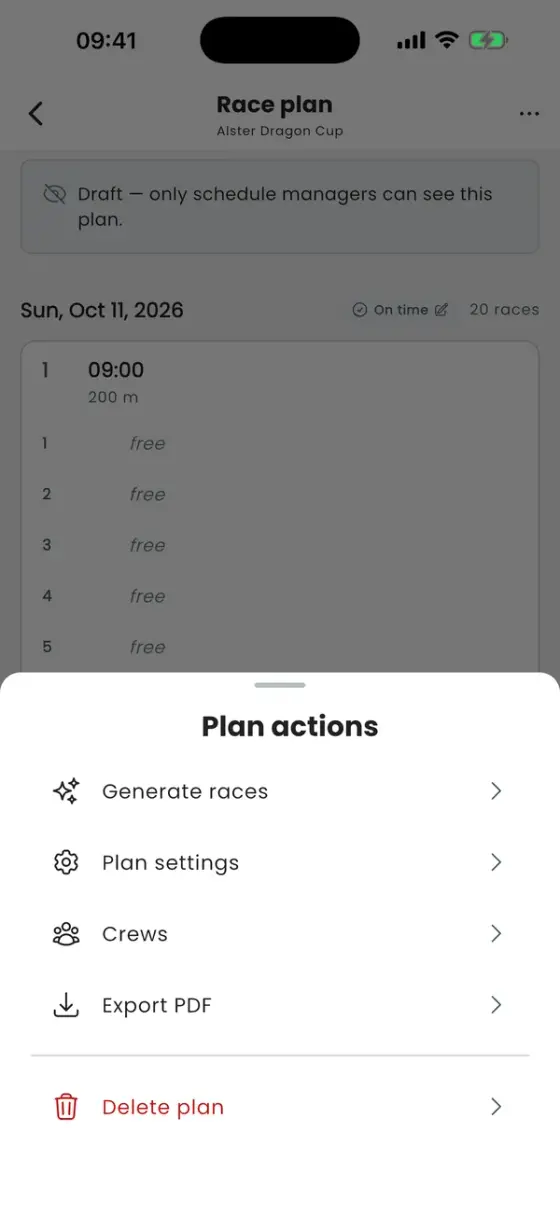 Plan actions sheet with Generate races, Plan settings, Crews, Export PDF and Delete plan