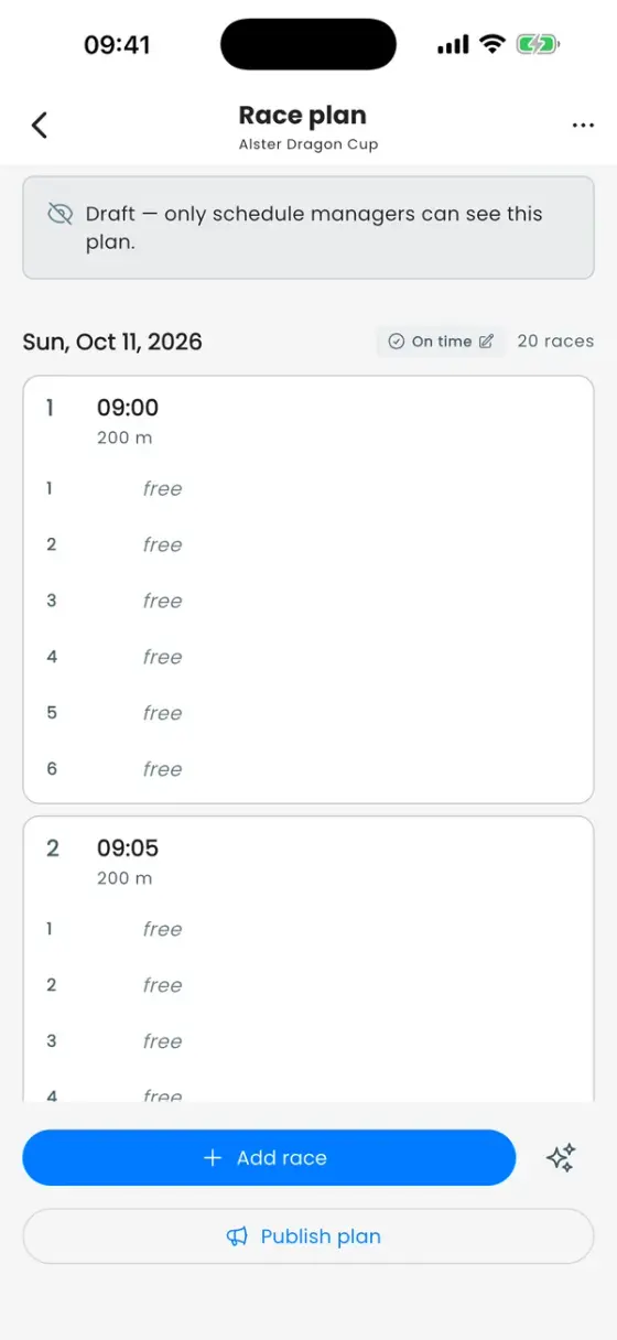 Race plan editor with a draft banner and races at 09:00 and 09:05