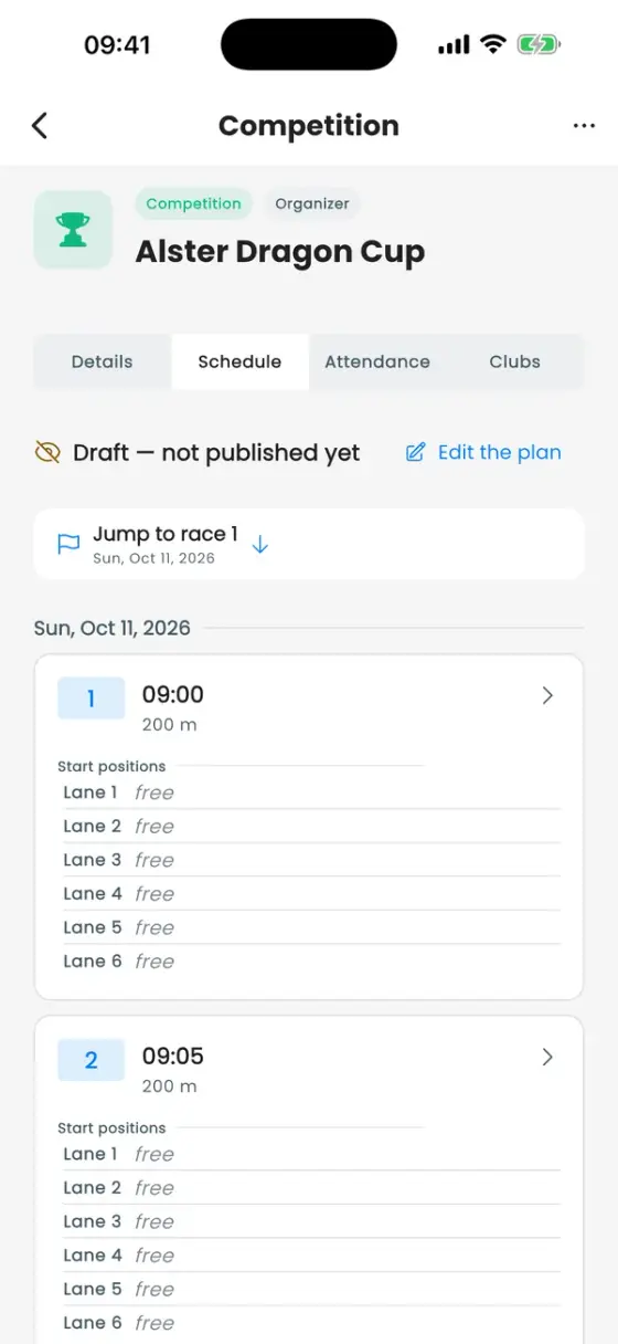 Schedule tab of a competition with races and lanes