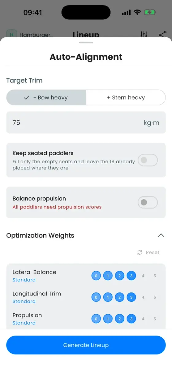 Sekcja Wagi optymalizacji z pięcioma regułami, każda ustawiona na Standard