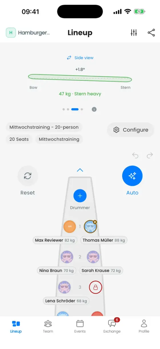 Boční pohled na loď s mírným náklonem k zádi