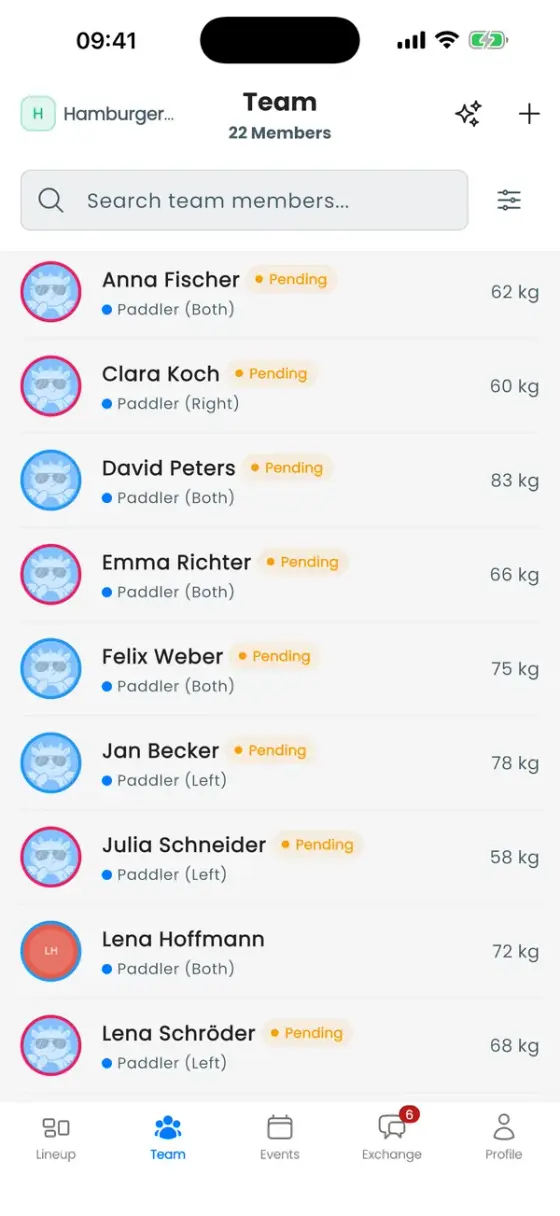 Team tab with the paddler list, Pending badges and weights