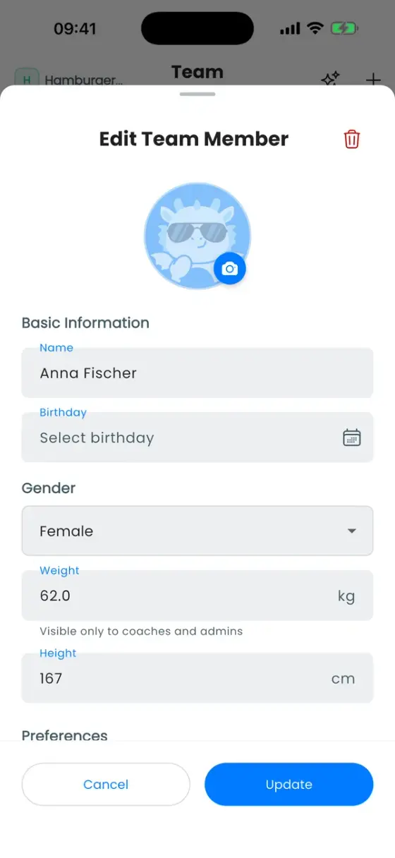 Edit Team Member sheet with photo, name, birthday, gender, weight and height