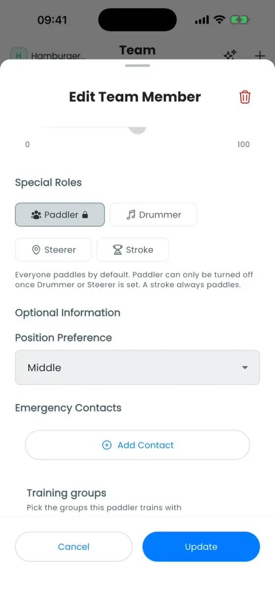 Special Roles section with Paddler, Drummer, Steerer and Stroke, and the position preference