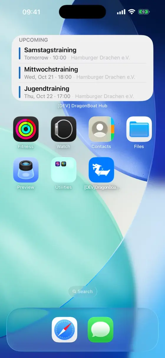 iPhone 小元件顯示即將到來的俱樂部活動。