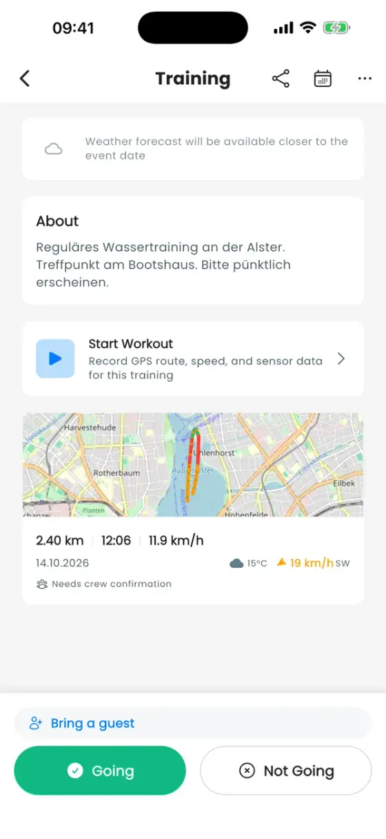 Strona treningu z kartą nagrania pokazującą miniaturę trasy, 2,40 km, 12:06 i 11,9 km/h