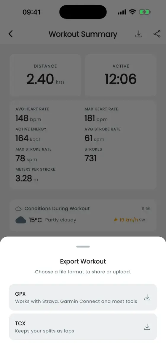 Okno Eksportuj trening z opcjami GPX i TCX