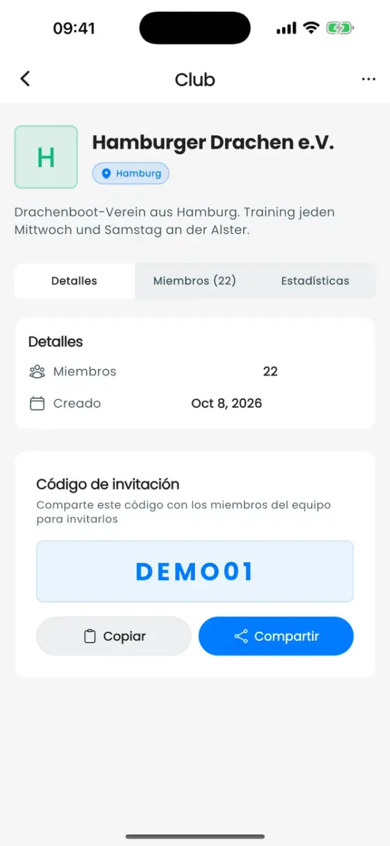 Pantalla del club, pestaña Detalles, con el código de invitación y los botones Copiar y Compartir