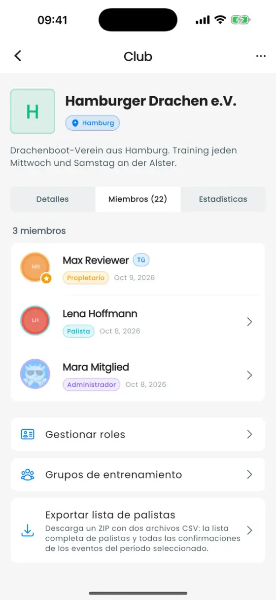 Pantalla del club, pestaña Miembros, con miembros y sus insignias de rol y debajo las filas Gestionar roles, Grupos de entrenamiento y Exportar lista de palistas