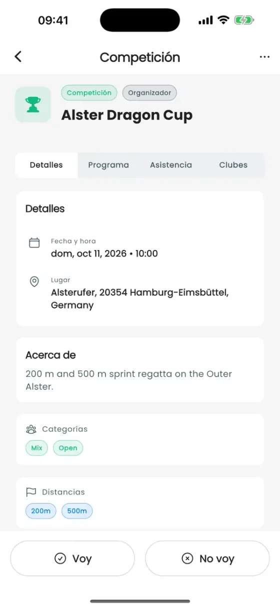 Página de detalle de una competición con fecha, lugar, categorías y distancias